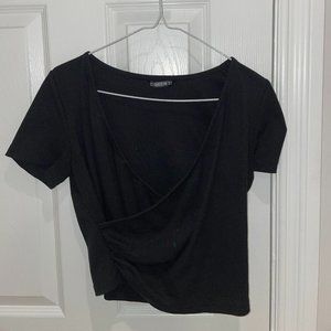 Black Solid Plunging Neck Wrap Top